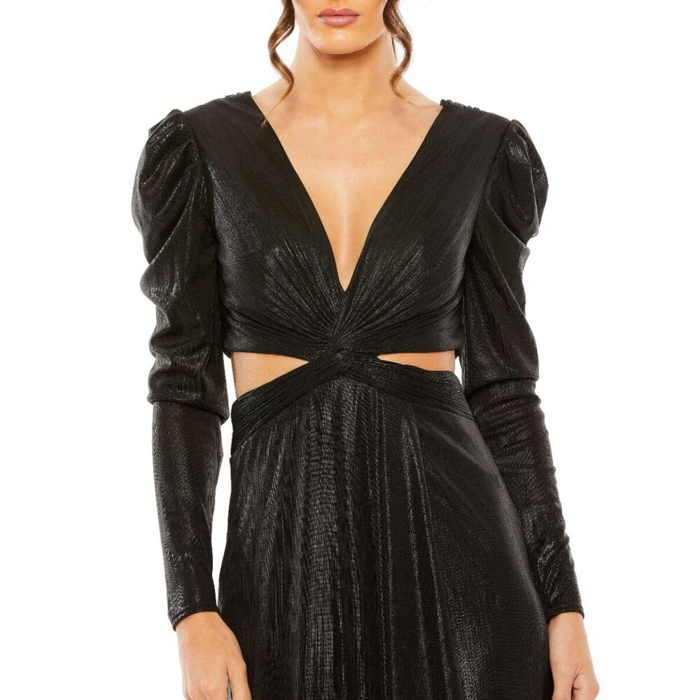 Mac Duggal NWT Black Princess Sleeve Cut Out Metallic Gown Deep V-neck Size 4 - Picture 2 of 10